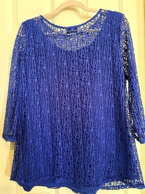 Peck & Peck Royal Blue Openwork Crochet Top
